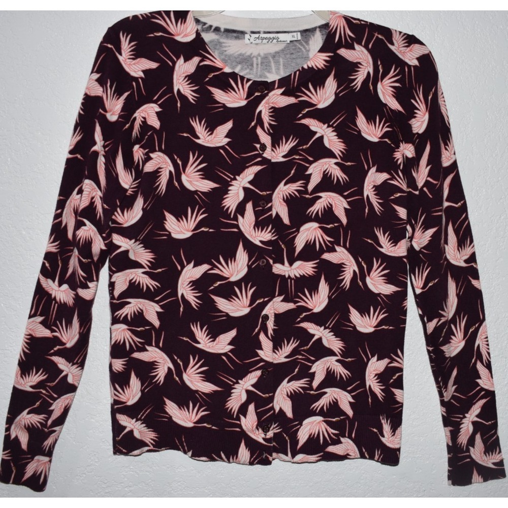 Arpeggio Bird Print Cardigan XL Button Front Long Sleeve Lightweight Stretch Top